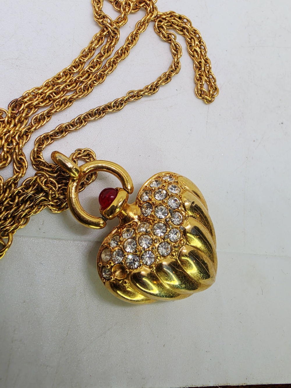 Joan Rivers Vintage Necklace Ribbed Crystal Puffy Heart Ruby Red Cab Top Pendant